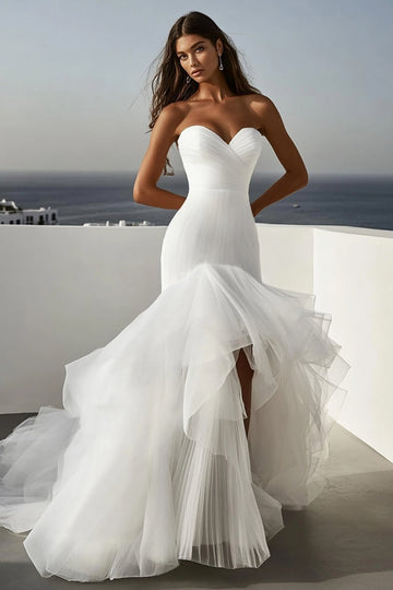 Ivory Mermaid Organza Ruffled Strapless Sweep Train Wedding Dress